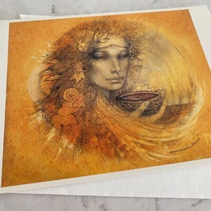 Jungfrau "Frau hält Schale" Kunstwerk Freundschaft gold gefaltet blanko Gruß - Bild 1 von 6