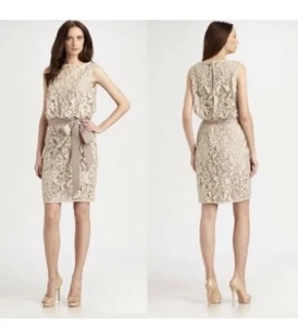 Tadashi Shoji US 10 UK 14 Beige Gold Lace Dress Cocktail Wedding Party Occasion - Picture 1 of 24