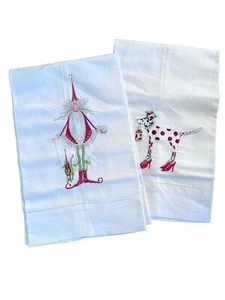 Pair of White Linen Christmas Holiday Needlepoint Tea Guest Towels Santa Dog - Picture 1 of 7
