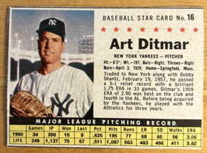1961 Post Cereal Art Ditmar Hand-Cut Baseball Card #16 Yankees Pitcher VG
