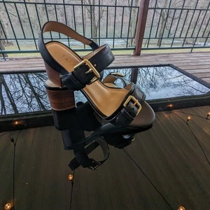 Talbots Shoe Womens sz 6 Black Leather Straps Block Heel Sandal Gold Buckles  - Picture 1 of 9