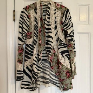 Nick & Mo  Buckle Cardigan Size Large Zebra Floral Lace Cream Black Green Womans - Picture 1 of 8