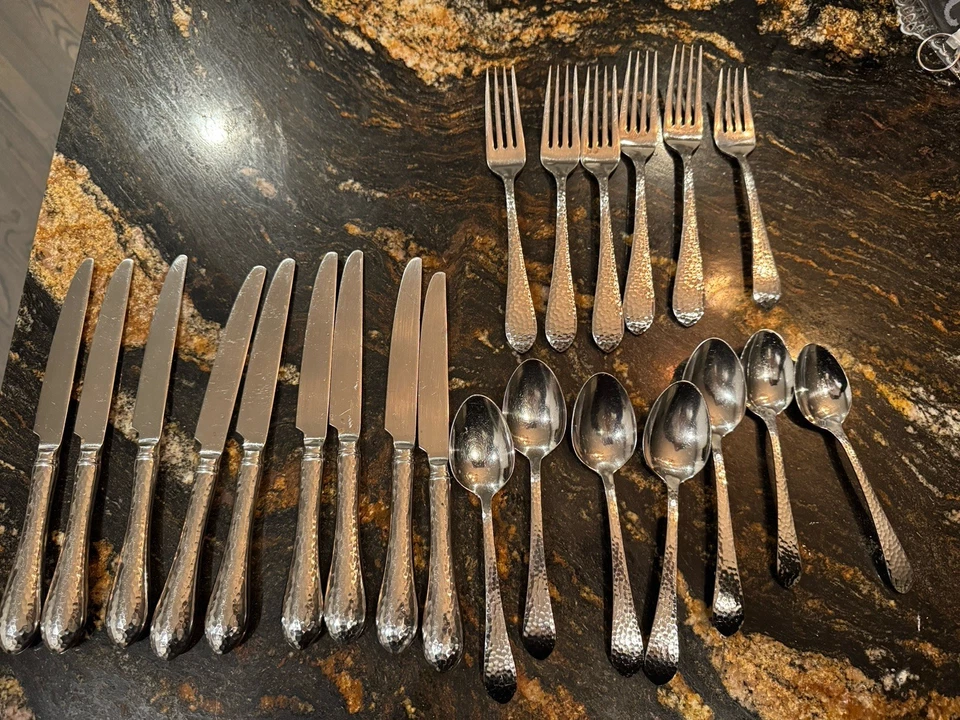 22 Piece Reed & Barton Hammered Antique 18/8 Korea Stainless Steel  Mixed pieces - Image 1 of 4