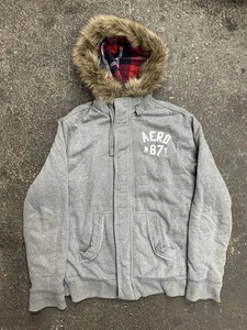 Aeropostale Sweatshirt mit Fellkapuze und durchgehendem Reißverschluss Herren XL grau kariert gefüttert Y2K Grunge - Bild 1 von 9