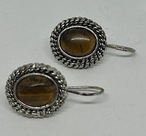 Vintage Signed Avon Tigers Eye Gemstone Silver Tone Oval Dangle Drop Earrings - Picture 1 of 4