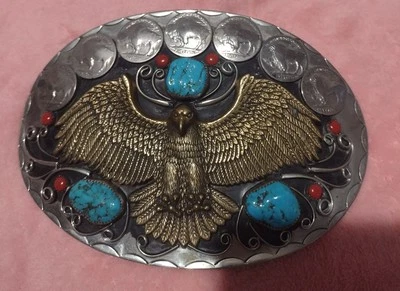 Enorme hebilla de cinturón vintage con cabeza de búfalo, latón, turquesa y coral Foto 1 de 4