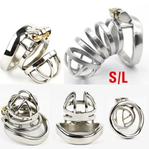 Stainless Steel Cage with Barbed Antioff Ring Lock Male Chastity Device Belt - Picture 1 of 16