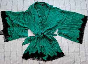 Victorias Secret Silk Holiday Emerald Green Robe Bell Sleeves Black Lace Wrap OS - Picture 1 of 10