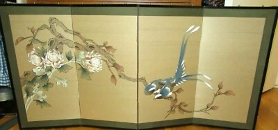 PEQUEÑO CHINO COLA LARGA PÁJAROS AZULES ACUARELA SEDA 4 PANELES PANTALLA PINTURA  Foto 1 de 4