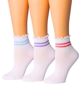 Womens 3 Pairs White With Multicolor Stripes Ruffle Ankle Socks Turn-Cuff Sol... - Picture 1 of 2