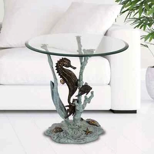 Stunning Multicolor Aluminum Glass Coastal Seahorse End Table Home Décor - Picture 1 of 4