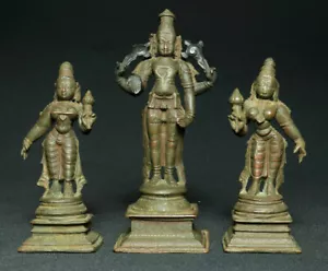 Traditional India Ritual Copper Statue God Vishnu Bhudevi Sridevi # - Picture 1 of 8