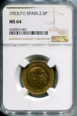 SPAIN 1953 (71) 2.5 PESETAS NGC MS64 'VERY RARE' - Image 1 of 2