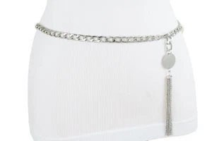 Damen Mode Schmal Silber Metallkette Gürtel Hüfte Taille Quasten Kreis Eu M L XL - Picture 1 of 12