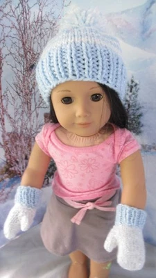 LT AZUL/BLANCO SOMBRERO Y MITONES "FITS" MUÑECA 18" (COMO CHICA AMER) HECHO A MANO/TEJIDO Foto 1 de 4