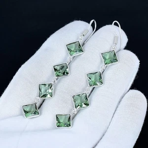 Green Amethyst Gemstone Handmade 925 Sterling Silver Jewelry Earring Size-3" - Picture 1 of 3