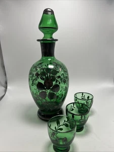 Jarra de vidrio soplado verde esmeralda veneciana superposición plateada 3 vasos - Imagen 1 de 21