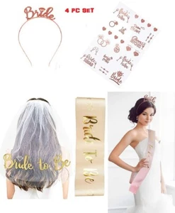 4pc set Rose Gold Bride to Be Sash Tiara Tattoo Veil Hen Night Party Accessory - Picture 1 of 6