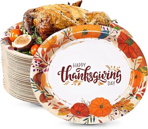 50 Count Heavy Duty Thanksgiving Oval Paper Plates - Large Disposable Platters - Picture 1 of 7