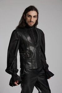Punk Rave Men Black Medieval Gothic Punk Faux Leather Vest Slim Fit Waistcoat - Picture 1 of 24
