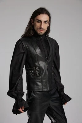Punk Rave Men Black Medieval Gothic Punk Faux Leather Vest Slim Fit Waistcoat - Image 1 of 3