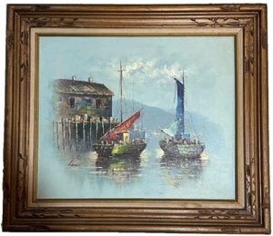 Barche da pesca Luini vintage originali olio su tela firmate alle banchine incorniciate - Foto 1 di 8