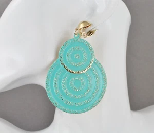 Türkis Gold Clip auf Ohrringe großer Kreis Anhänger Clips leicht 3 1/8" lang - Bild 1 von 10