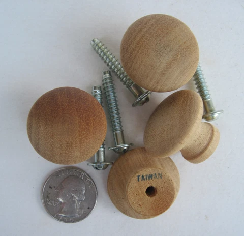 4 Vintage Antique Wood Round Knobs 1-3/16" Drawer Mushroom Unfinished Screws Cover