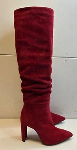 Neuwertige Samt-Kniestiefel Damen rot Wildleder hoher Absatz Rüschenbein Reißverschluss UK Größe 3 - Bild 1 von 10