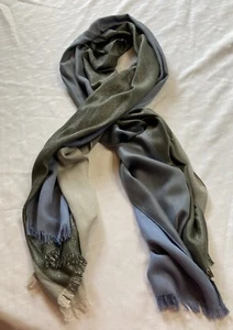 Talbots Tricolor Scarf With Silver Threads Blue Dark Gray Gun Metal Gray Fringe - Picture 1 of 6