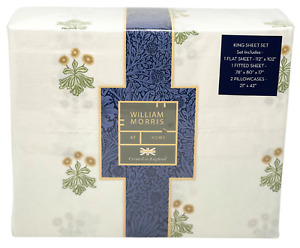 WILLIAM MORRIS England 4 PC KING 100% Cotton Sheet Set Woodland Floral Ochre NEW