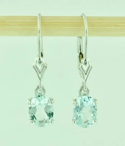 14k Solid White Gold Dangling Oval Aquamarine Earring lever back March Birth - Picture 1 of 7