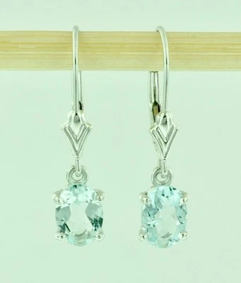 14k Solid White Gold Dangling Oval Aquamarine Earring lever back March Birth - Image 1 of 4