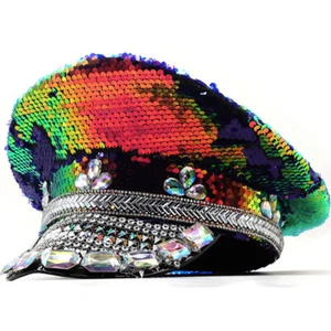 Unisex Colorful Sequin Rhinestone Hat Military Captain Cap Party Festival - Picture 1 of 9