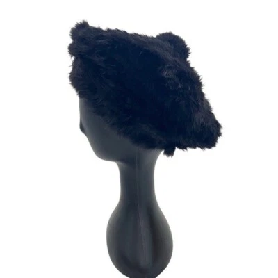 Unbranded Rabbit Hair Woven Chic Black Fur Beret Hat w Pom Pom - Image 1 of 4