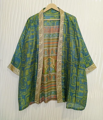 Jaqueta cardigã curta de seda pura quimono espanador menina capa roupão solto azul KMS3680 - Imagem 1 de 4