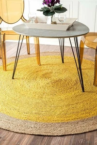 Jute Rug Yellow Round 100% Handmade Braided Area Rug Home Decor Living Room - Picture 1 of 9