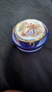 Vintage Limoges French Cobalt Blue Round Porcelain Lady Man Date Trinket Box - Picture 1 of 5