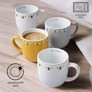🐝Bee Happy Stoneware Mugs 4‑Pack – Bee Mug Set, Coffee Tea Cups Dishwasher Safe - Picture 1 of 7