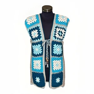 Vintage Crochet Blue Afghan Sweater Vest Granny Squares Hippie Boho - Picture 1 of 4