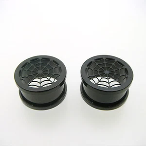 PAAR SCHWARZ 9/16" ZOLL (14MM) SPINNENNETZ FLESH TUNNEL OHRRING TUNNEL PLUG  - Bild 1 von 2