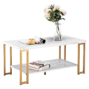 Modern Faux Marble Coffee Table 2-Tier Accent End Table Furniture w/ Metal Frame - Picture 1 of 12