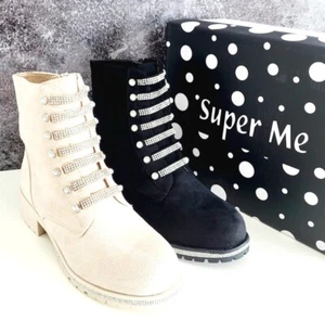 Damen Stiefeletten Plateau Schuhe Strasssteine Stiefel gefüttert - Bild 1 von 17