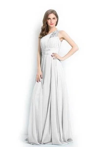 NEW Beauty-Emily Halter One Shoulder Evening Sequins Chiffon Party Dress White - Picture 1 of 2