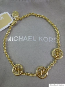 NEW $135 Michael Kors Gold Pave Crystal Chain Round Logo Bracelet MKJ8011710 - Picture 1 of 3