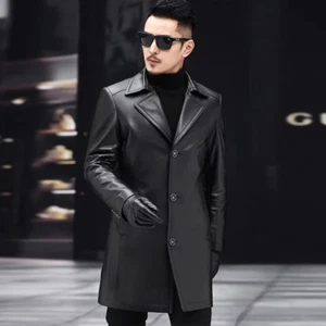Mens Real Leather Jacket 3/4 Length Single Breasted Three Button Coat Black L XL - Picture 1 of 3
