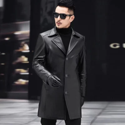 Mens Real Leather Jacket 3/4 Length Single Breasted Three Button Coat Black L XL - Image 1 of 3
