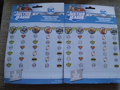 2 JUSTICE LEAGUE Heroes Unite STRING DECORATIONS (5pc) Birthday Party Supplies  - Image 1 of 3