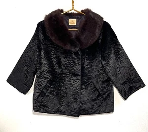 Vintage 1960’s Black Textured Velvet Coat W/ Mink Collar Styled By Winter Size M - Picture 1 of 8