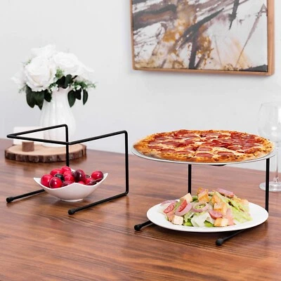 MyGift Set of 4 Black Metal Tabletop Food Platter Tray Pizza Pan Riser Stands - Image 1 of 4